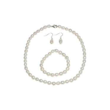 Three Piece Custom Made Glass Pearl Jewellery Set Necklace Bracelet Earrings 33W 